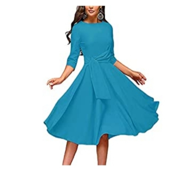 COPY - Acid Blue/Green Ruched 3/4 Sleeves Midi  Dress - Picture 3 of 3
